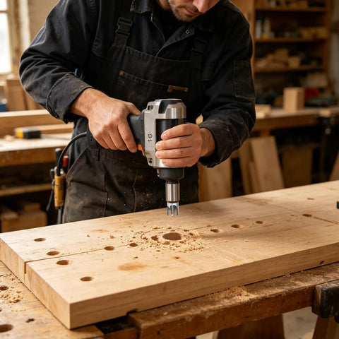 Man using Eight Piece Premium Black Wood Plug Cutter Drill Bit Set Featuring Straight And Tapered Shapes with drill on wooden board.