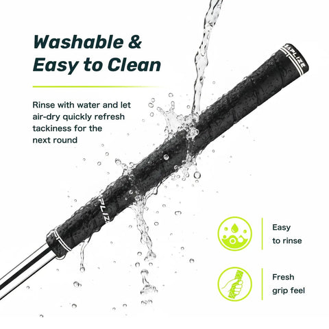 Spiral Wrap Golf Grips 13 Pack A50 Wrap Series Midsize High-Tack Rubber Grips shown being rinsed with water