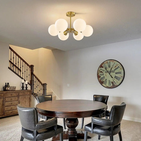Dining room with Brushed Gold Sputnik Flush Mount Ceiling Light With Six Milk Glass Globes, Mid Century Modern Overhead Fixture