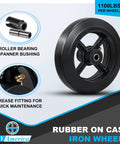 Heavy Duty Casters Featuring Smooth Ride Bearings, Rock Solid Cast Iron Base With Thick Rubber Tires For Dumpsters, Built Tough No Sweat Hauler Champion, 1100 Lb Capacity Bulk Pack Of 100, showcasing a rubber wheel with a roller bearing.