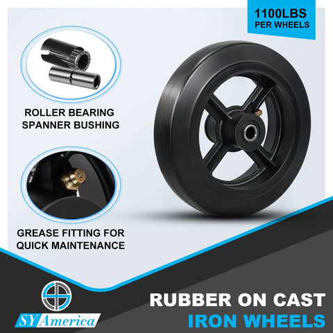 Heavy Duty Casters Featuring Smooth Ride Bearings, Rock Solid Cast Iron Base With Thick Rubber Tires For Dumpsters, Built Tough No Sweat Hauler Champion, 1100 Lb Capacity Bulk Pack Of 100, showcasing a rubber wheel with a roller bearing.