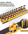 Magnetic Socket Organizer Set For Toolbox Drawer 6pc with 3 Metric and 3 SAE holders featuring clearly labeled dimensions and magnetic base.