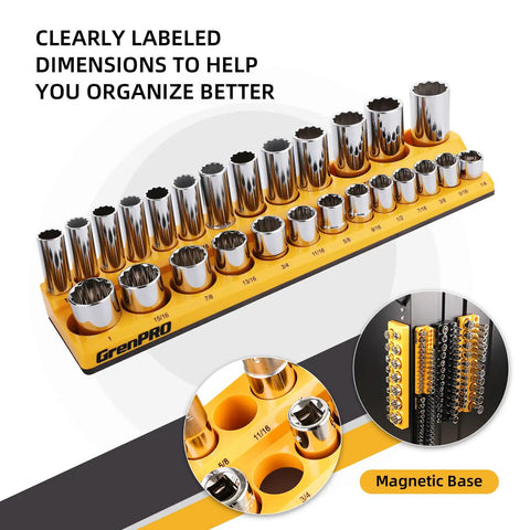 Magnetic Socket Organizer Set For Toolbox Drawer 6pc with 3 Metric and 3 SAE holders featuring clearly labeled dimensions and magnetic base.