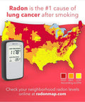 Corentium Home Radon Detector 223 Portable Battery Operated with USA radon map showing lung cancer risk areas