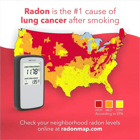 Corentium Home Radon Detector 223 Portable Battery Operated with USA radon map showing lung cancer risk areas