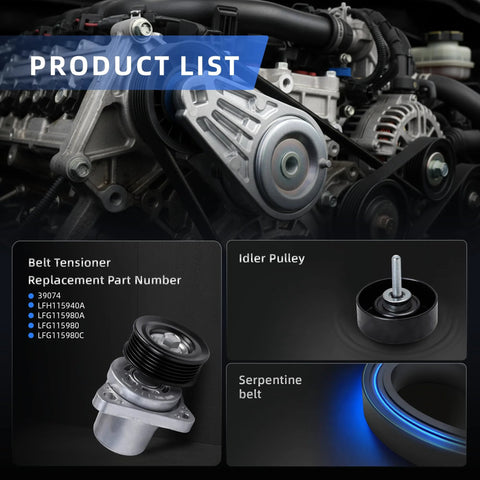 All In One Serpentine Belt Tensioner and Idler Pulley Kit for Mazda 3 5 CX 7 2 3L 2 5L Engines with tensioner, pulley, belt