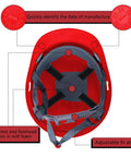 Inside view of red adjustable 20 Pack Hard Hat Bulk With Adjustable 4 Point Abs Safety Helmets for optimal comfort and fit.