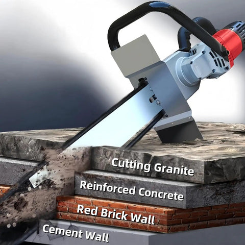 High Power Electric Concrete Saw Straight Up Built For Deep Wall Grooving And Clean Brick Or Marble Cutting With Heavy Duty Diamond Chain And No Nonsense Dust Control cutting through granite, concrete, and brick.