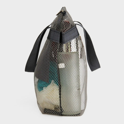 Side view of a Mesh Shower Caddy Bag Portable Hanging Toiletry Organizer With Zipper For Travel Gym Swimming Camping College Dorms And Beach