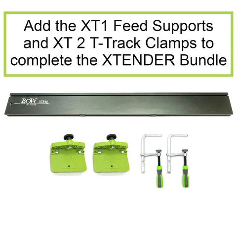 Premium 46 Inch T Track Table Saw Fence Extension with a bold five inch tall face and green clamps for enhanced feed support.