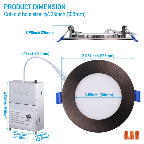 Product dimensions of Slim 4 Inch 5CCT Recessed LED Downlight Kit with J Box Canless Aluminum Dimmable from 5 to 100 Percent ETL Listed Oil Rubbed Bronze Finish 2700K to 5000K Pack of 6, showing cut-out hole size and wiring details.