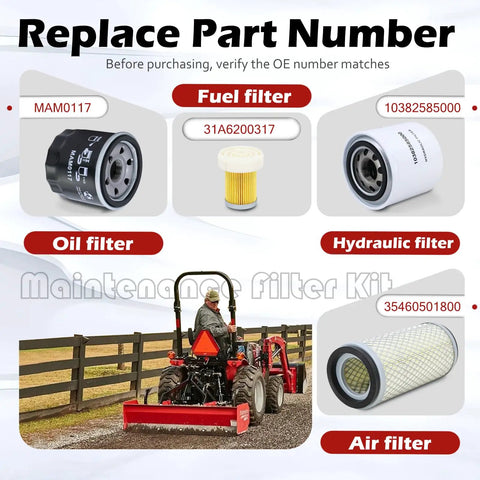Diagrams of oil, fuel, hydraulic, and air filters for tractors. Include product number references like MAM0117 and 35460501800.
