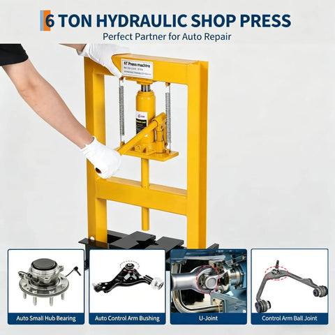 Heavy Duty 6 Ton Hydraulic Shop Press With Sturdy H Frame Design handles auto repairs with precise pressing of components.