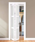 Front view of Space-Saving Bifold Door For 30x80 Opening, Tempered Frosted Glass Closet Folding Barn Door With Hardware Kit, Waterproof PVC Surface.