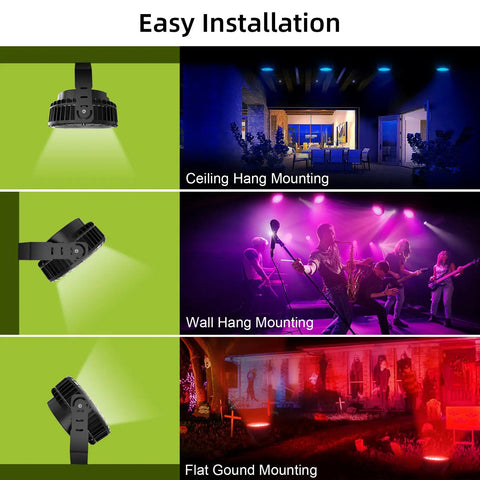 Installation options for RGBW LED Wall Washer Light With RF Remote 72W 5000K Dimmable, including ceiling, wall, and ground setups.