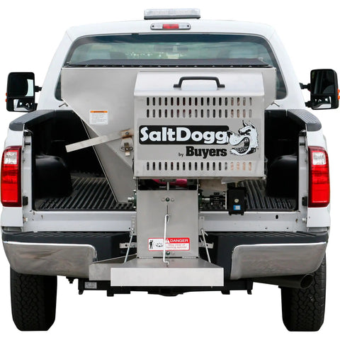 Commercial Gas Powered Stainless Steel Hopper Spreader With Extension Chute 2 Cubic Yard Tank mounted in pickup truck bed