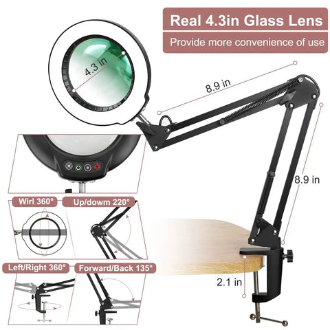 8X Magnifying Glass With Light 5 Color Modes Stepless Dimmable LED Desk Lamp With Clamp Adjustable Swing Arm Hands Free Magnifier