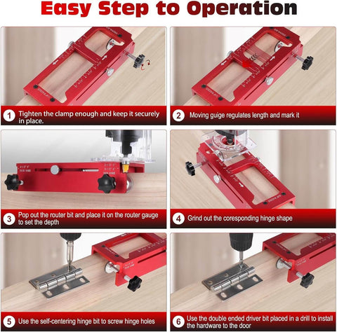 Instruction steps for using Pro Grade Durable Aluminum Door Hinge Jig Kit For Adjustable Mortise Template with precision scale.