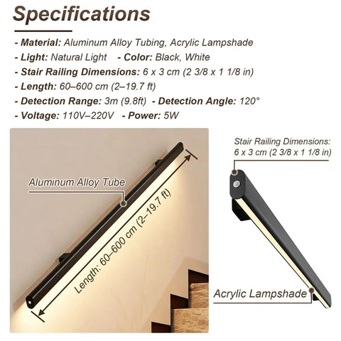 Ultra Smooth Body Sensing Lighted Stair Handrail For Indoor Steps Wall Mounted Safety Rail With Sleek Black Powder Coat and dimensions.