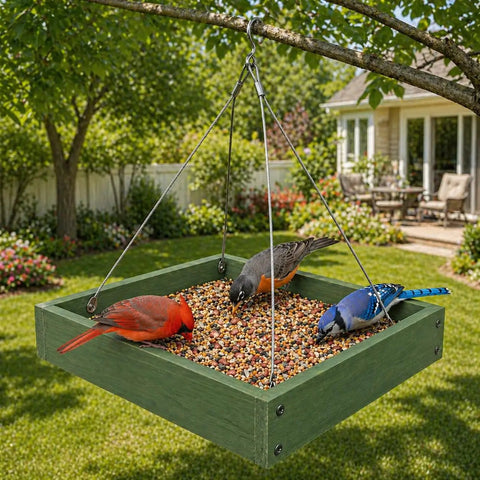 Platform Bird Feeder With Wooden Tray For Outdoor Gardens And Courtyards Hanging Bird Feeder Tray with birds on tree branch
