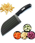 SHengwin crinkle potato cutter in angled side view with black ergonomic handle and stainless steel blade