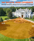 Illustration of 65 ft garden coverage with retractable hose reel 180° swivel on a large lawn with white house and trees.