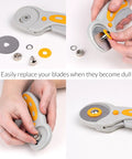 Self Healing Cutting Mat And Rotary Cutter Set For Fabric 9x12 Inches, showing hands replacing blades on 45mm cutter