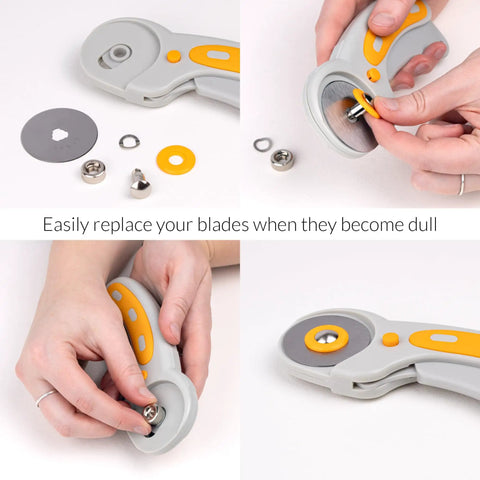 Self Healing Cutting Mat And Rotary Cutter Set For Fabric 9x12 Inches, showing hands replacing blades on 45mm cutter