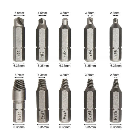 Ultimate Damaged Screw Extractor Drill Bit Set With 10 Piece Stripped Bolt Removal Kit For Rusted Hex Screws And Overpainted Hardware That Will Save Your Skin Today And Fix Any Mess, 6.35mm steel bits