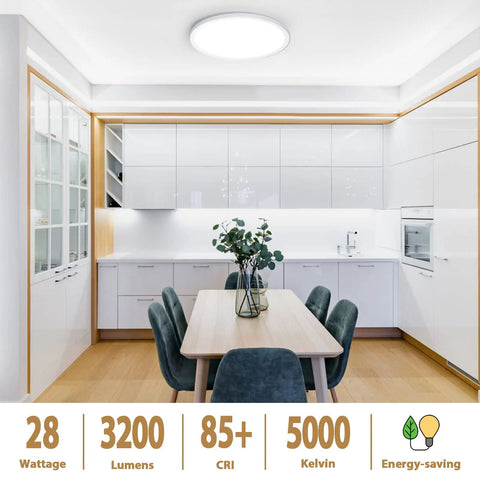 Bright kitchen with a 12 Inch LED Flush Mount Ceiling Light Fixture Ultra Bright Non Dimmable 28W 5000K Daylight 3200 Lumens Modern Round Surface Mount White
