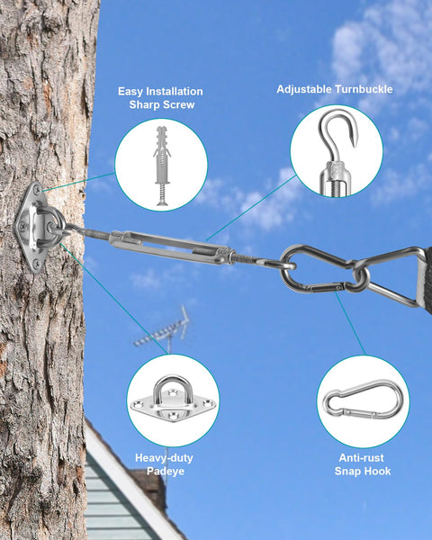 DIY Friendly Heavy Duty Sun Shade Sail Hardware Kit in 304 Stainless Steel attached to tree with fixing accessories.