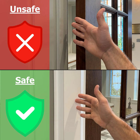 Comparison image showing hand near a door with and without PinchNot 90 Degree Door Pinch Guard For Kid Safe Living installed