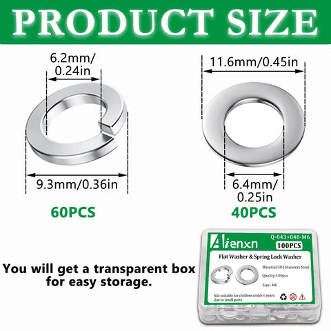Product packaging of 100Pcs M6 Stainless Steel Flat And Split Lock Washers Set, High Strength And Corrosion Resistant, Ideal for Electrical Connections