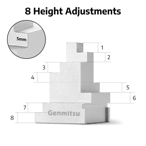 2 Piece Clamp Block Set With 8 Adjustable Stops For CNC Router Workholding Fits Most Clamp Kits Step Clamps And Compact Vises And Hold Down Clamps Expands Clamping Range Keeps Tall Workpieces Level With Even Pressure showing height adjustments