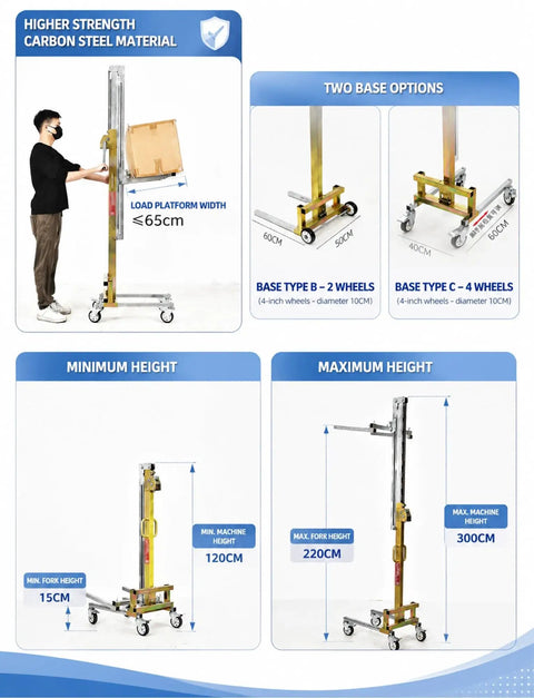 Heavy Duty Cabinet Lifter Stacker Supports 60/80kg For Easy Panel Installation showing height adjustments and base options.