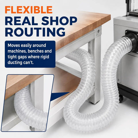 Kickass 4 Inch Pvc Dust Collection Hose 20 Feet Long Steel Coiled Anti Kink Flexible Exhaust Tubing for Shop Vacs and Blower Fans under table.