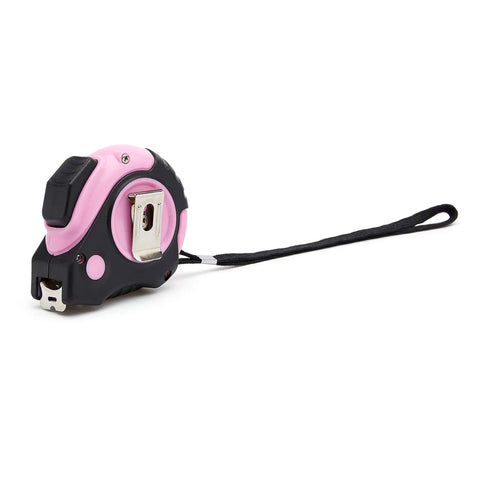 Pink Retractable Tape Measure 16 Ft With Dual Metric And SAE Readouts Three Quarter Inch Wide Blade For Easy Reading Belt Clip Lanyard