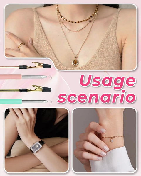 Bracelet Helper Tool Set With Retractable Hooks And Non Slip Clips For Necklace Jewelry And Watch, shown in use scenarios.