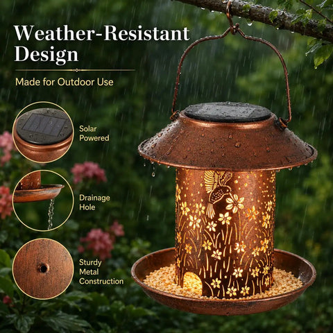 Solar Hummingbird Feeder Lantern Outdoor Garden Decor Waterproof Hanging Light Powered By Sun With 3 Water Cups And Two Pound Capacity Ideal Gift For Women Moms Birthdays Patio Yard in weather-resistant metal design shown in rain.