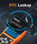NT201 OBD2 Scanner showing DTC code lookup on vehicle dashboard