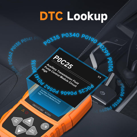 NT201 OBD2 Scanner showing DTC code lookup on vehicle dashboard