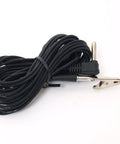 20-foot black grounding cable coiled with metal alligator clip and plug end