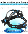 Adjustable headgear of Auto Darkening Welding Helmet With True Color Solar Powered Hood Pro Grade showing adjustment options