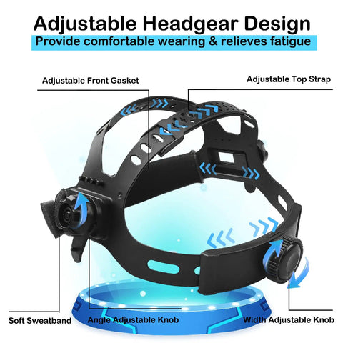 Adjustable headgear of Auto Darkening Welding Helmet With True Color Solar Powered Hood Pro Grade showing adjustment options