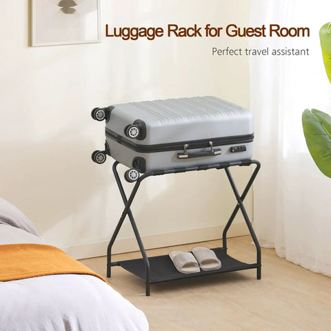 Heavy Duty Foldable Luggage Rack Set Of Two Built Tough Metal Suitcase Stands For Travelers Non Slip Nylon Straps Compact Portable Bag Holders For Guest Rooms Keeps Your Gear Neatly Elevated No Sweat Setup Required Ever