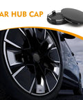 Upgrade Your Ride With These Universal Car Wheel Center Caps, 2.36 Snap In Design Fits Any Vehicle, Rust Proof Abs Plastic Hub Covers Set Of Four showing assembled hub caps on black wheel.