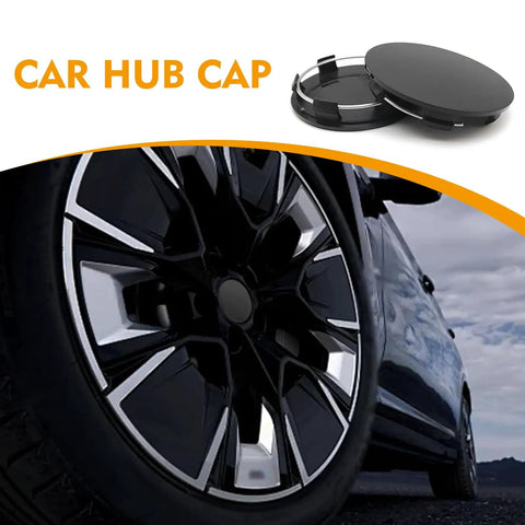 Upgrade Your Ride With These Universal Car Wheel Center Caps, 2.36 Snap In Design Fits Any Vehicle, Rust Proof Abs Plastic Hub Covers Set Of Four showing assembled hub caps on black wheel.