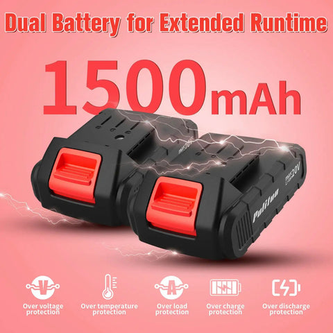 Two 1500mAh batteries for Go-To 20V Cordless Drill Driver Kit, dual battery design with protections showcased.
