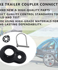 Universal Bike Trailer Coupler Hitch Attachment for Flat and Angled Mounts with locking pin, shown with bicycle trailer.