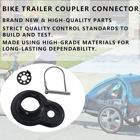 Universal Bike Trailer Coupler Hitch Attachment for Flat and Angled Mounts with locking pin, shown with bicycle trailer.